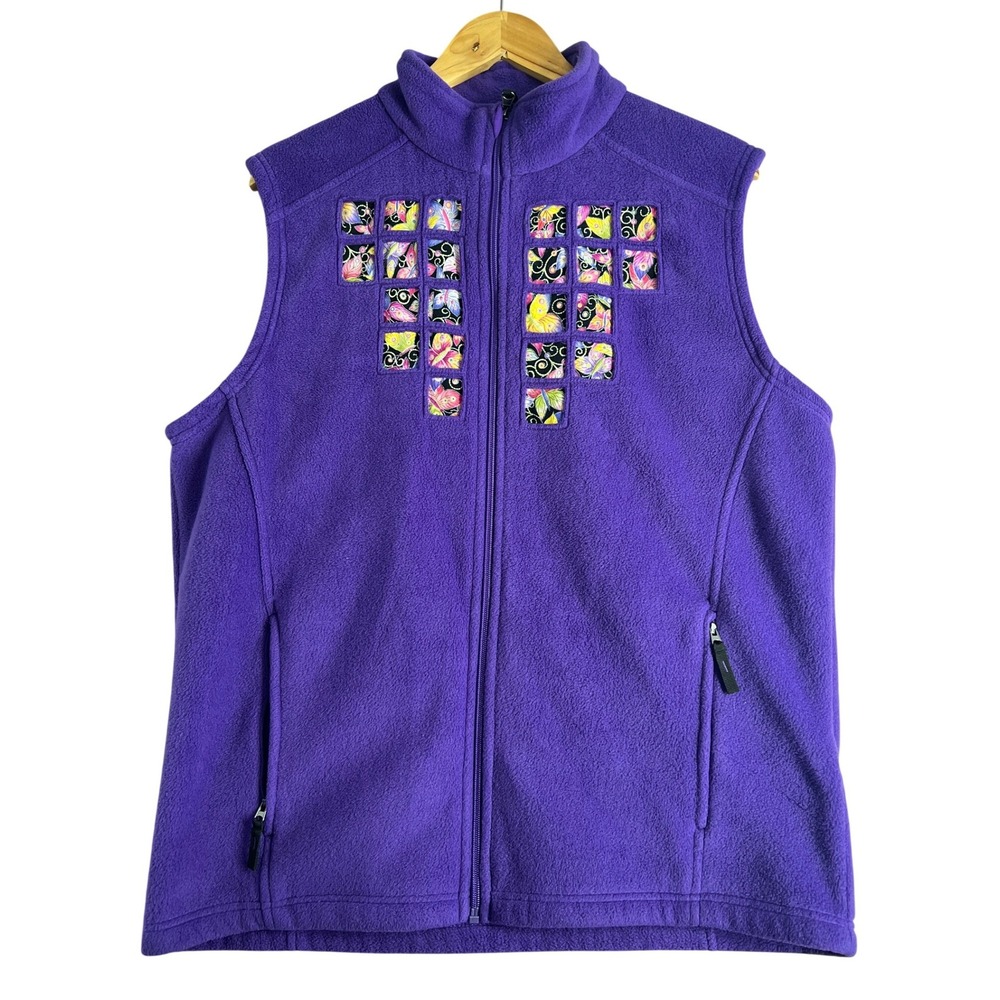 Vintage Purple Butterfly Patchwork Fleece Vest Zip Up Cottagecore Art to Wear M